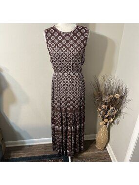 NWT Max Studio Sleeveless Maxi Dress Medallion Print Tiered Brown & White Sz M